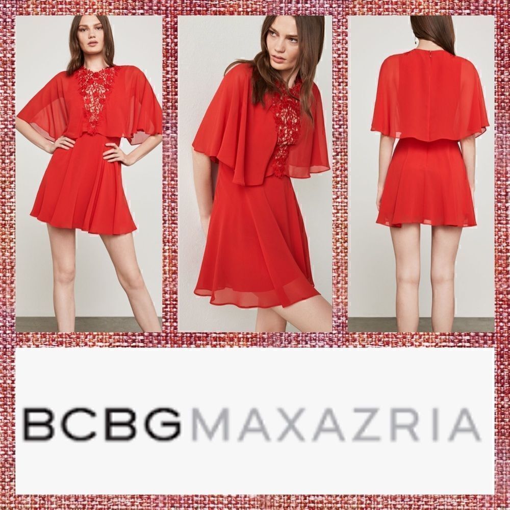 BCBG MaxAzria Lace-Insert Capelet Dress Red Size 10